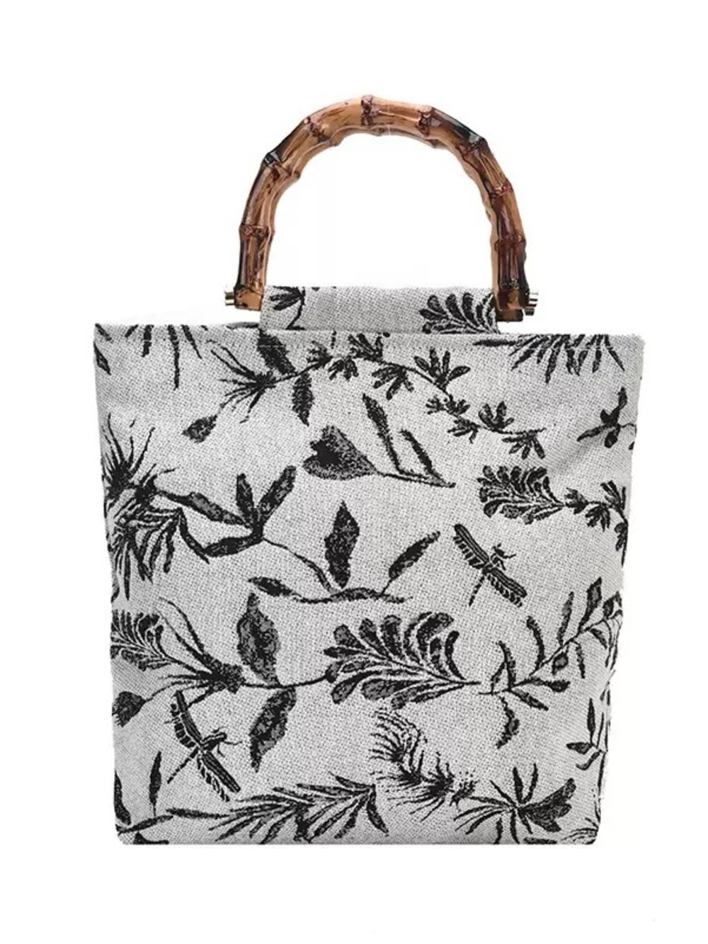 Black & White Botanical Tote with Bamboo Handle